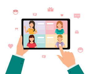 online dating service with long distance relationship concept, man hand holding mobile phone and choosing women people on virtual love application, flat vector illustration