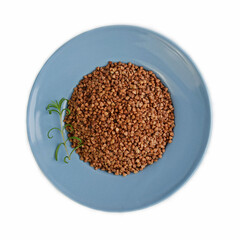 Buckwheat in a blue plate on a white background.Healthy food.