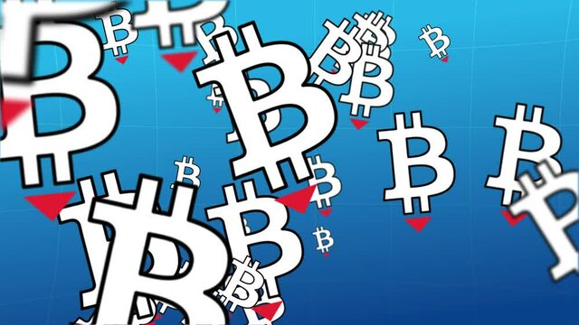 Looped animation. A cloud of bitcoin symbols spins across the camera's field of view. There is a red arrow below the symbol. The situation is the fall of the bitcoin exchange rate.