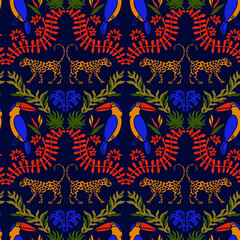 Tropical damask seamless vector pattern with toucan, leopard and tropical leaves. Modern damask bright stock background   © Anastasia