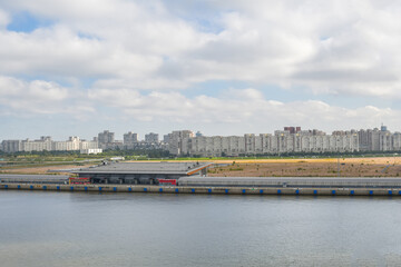 Soviet era housing complexes line up next to newer apartments at the port of Saint Petersburg, Russia