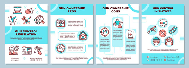 Naklejka premium Gun ownership pros and cons brochure template. Control initiatives. Flyer, booklet, leaflet print, cover design with linear icons. Vector layouts for magazines, annual reports, advertising posters
