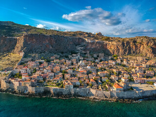 Aerial view of the old medieval castle town of Monemvasia in Lakonia of Peloponnese, Greece. Often...
