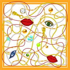 Scarf design with cord, jewelry, chains, beadworks and crystals. 3d vector illustration.