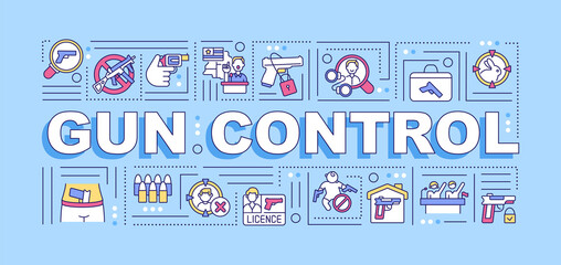 Fototapeta premium Gun control word concepts banner. Infographics with linear icons on blue background. Pros and cons of gun law and use handgun. Isolated typography. Vector outline RGB color illustration