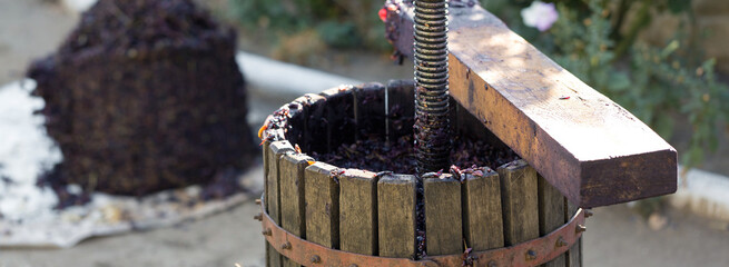 Winepress with red must and helical screw. Production of traditional Italian wines, crushing of grapes.