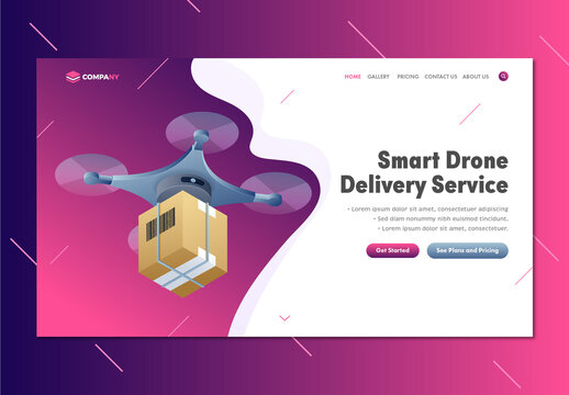 Responsive Landing Page or Hero Image for Smart Drone Delivery Service Concept Isometric Design