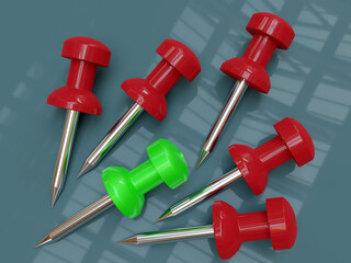 3D RENDER ILLUSTRATION. push pin thumbtacks. Metal and plastic material. Difference green in red sets.