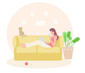 Flat vector concept illustration. Girl shopping online sitting at home on sofa