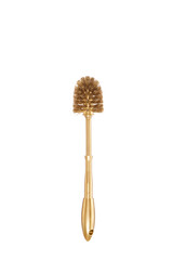 Close up view of gold toilet brush on white back