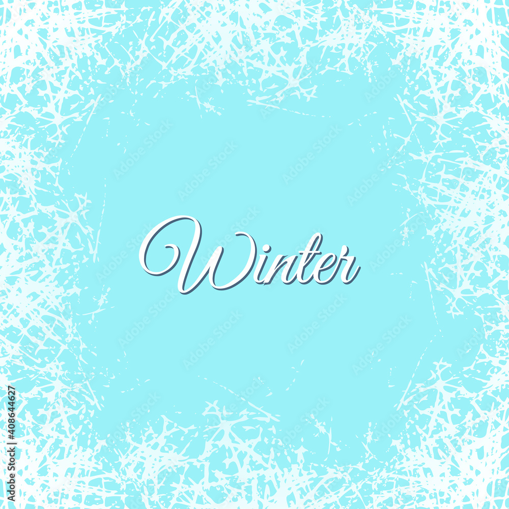 Poster ice crystals design texture on freeze window. vector frame with frosted patterns. winter holiday bac