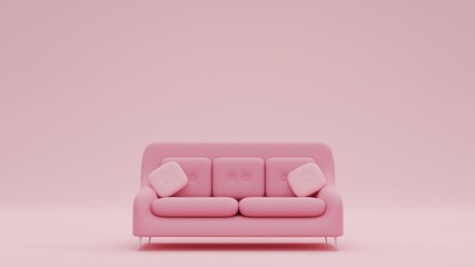 3D Rendering Fashionable comfortable stylish pink fabric sofa with white legs on pink background Pink interior, showroom, single piece of furniture. Luxury couch front view