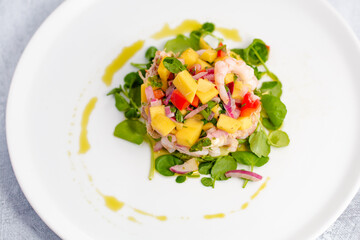 Prawn, avocado, mango and crab salad on a white plate