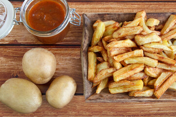Fries, potatoes, and tomato sauce