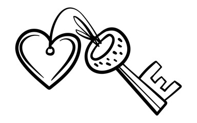 Valentines Day theme doodle Vector icon of hand drawn key with heart shape on a white background.