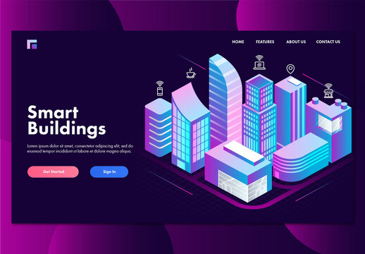 Smart Building Landing Page with Isometric Building Area Showing Internet Network