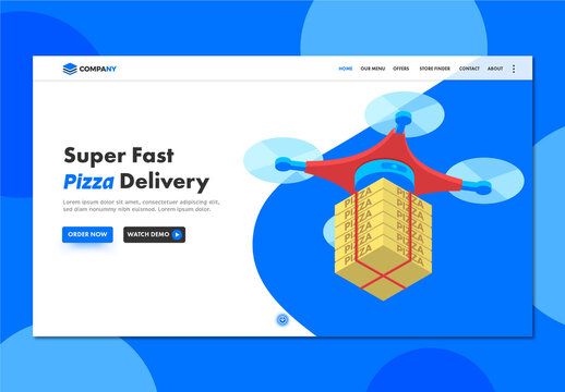 Super Fast Pizza Delivery Landing Page with Isometric Quadcopter and Pizza Boxes