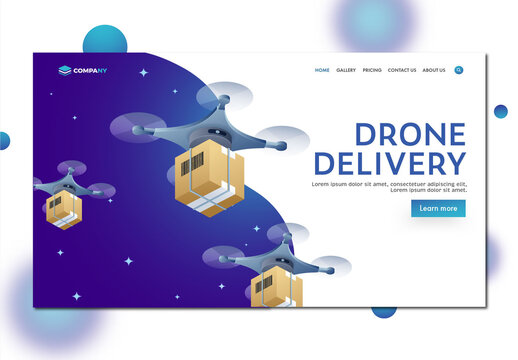Responsive Landing Page with Isometric Quadcopter and Parcel for Drone Delivery