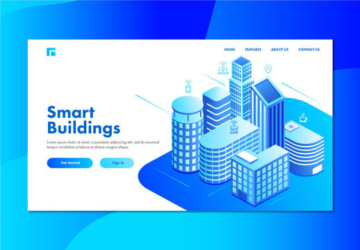 Smart Building Concept Landing Page with Isometric Building Area Showing Residential and Commercial Space
