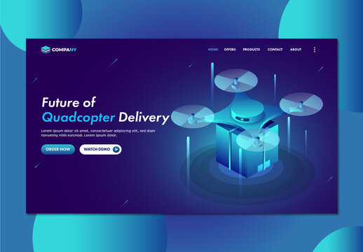 Responsive Landing Page with Isometric Drone Camera and Parcel for Future of Quadcopter Delivery