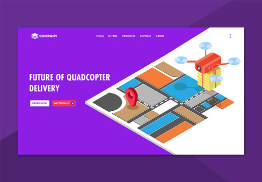 Landing Page for Website or Mobile App with Isometric Drone Camera and Shipping Location Map 