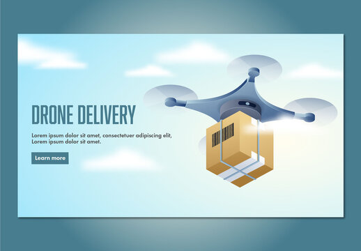 Drone Delivery Concept Landing Page Design with Isometric Quadcopter and Parcel