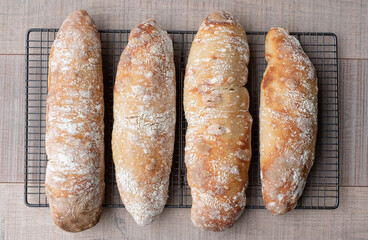 Home made ciabatta sour dough loaves cooling on wire tray on wooden surface, baked during the Coronavirus lockdown.