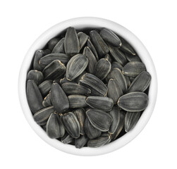 Sunflower seeds in bowl isolated on white, top view