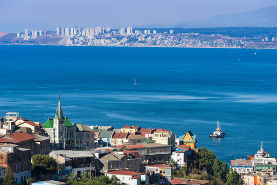 View of Valparaiso and Lutheran Church of the Holy Cross with Vina del Mar in the background