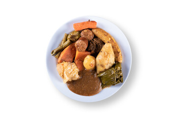 Cozido is a dish of Brazilian food on a white background top view