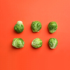 Fototapeta premium Fresh Brussels sprouts on coral background, flat lay