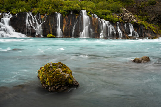 Idyllic view of Hraunfossar waterfall on river Hvita, near Barnafoss, Iceland
