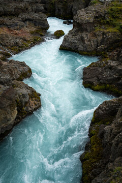 High angle view of River Hvita at Barnafoss waterfall, Iceland
