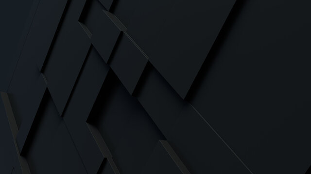 Dark tech background, with a geometric 3D structure. Clean, minimal design with simple black futuristic forms. 3D render