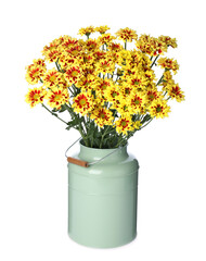Vase with beautiful chrysanthemum flowers isolated on white
