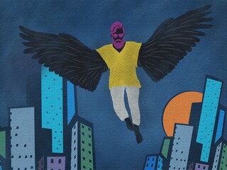 Pop-art illustration. Style angel with wings fly to Los Angeles California. Digital art illustration