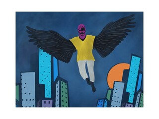 Pop-art illustration. Style angel with wings fly to Los Angeles California. Digital art illustration