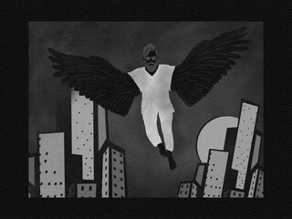 Pop-art black and white illustration. Style angel with wings fly to Los Angeles California. Digital art illustration