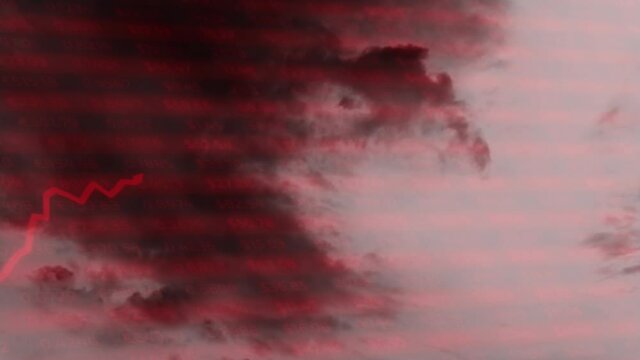 Artistic 3d financial business chart with diagrams, graphs and stock numbers on red dark dangerous clouds time lapse motion background. Red colored arrow graph animation. 