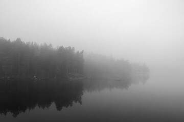 Tranquility and silence in black and white. Landscape scenery on a foggy morning. Image has some noise effect applied.