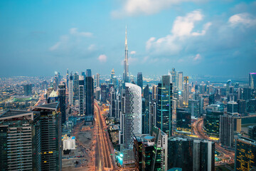 Dubai - amazing city center skyline with luxury skyscrapers and beautiful sky at sunrise, United Arab Emirates
