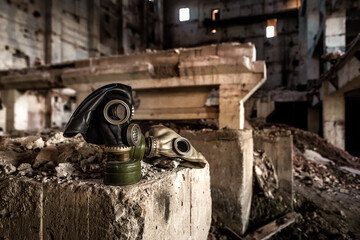 gas mask on the ruins