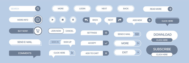 Set of vector buttons for websites, mobile applications. Design elements for website or app. Different gradient colors and icons on white background.