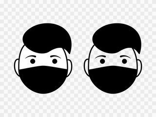 Head teenager in black mask icon. Hipster with stylish hairstyle safety during coronavirus pandemic and mandatory wearing protective mask for prevention vector respiratory infection.