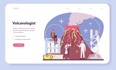 Volcanologist web banner or landing page. Geologist studying