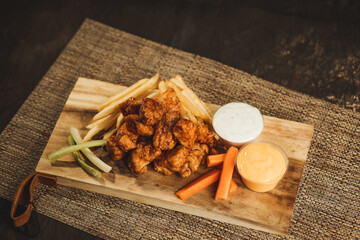 boneless de pollo calientes y servidas en tabla alitas de pollo