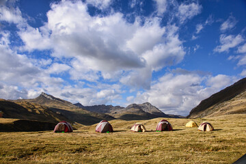 Breathtaking view at the Janca (Mitacocha) campsite, Cordillera Huayhuash circuit, Ancash, Peru
