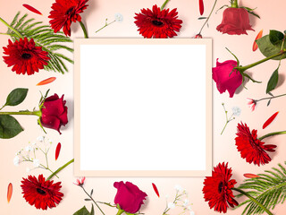 Creative flower composition made of red flowers with copy space, rectangular shape, flower background, happy valentine's day, mother's day, flat lay, top view