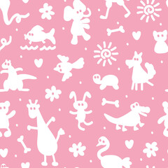 Silhouettes of different cartoon animals. Vector Seamless Pattern of funny animals. Bright children's wallpaper.
