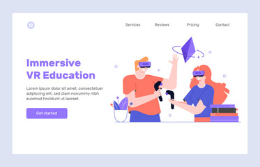 Obraz na płótnie Canvas Landing page design concept Immersive VR Education. Characters in virtual reality glasses with controllers. Getting new knowledge online. Vector flat illustration.
